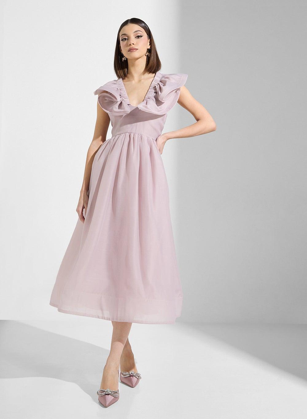 Light Pink Ruffled A-Line Midi Dress - Image 1