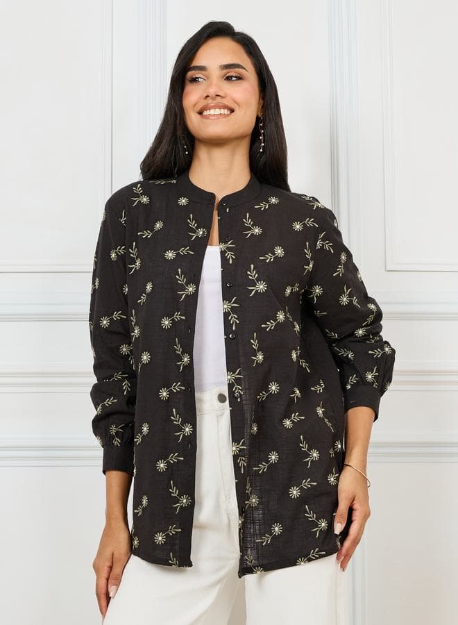 Styli Cotton Slub Floral Embroidered Mandarin Shirt - Image 1