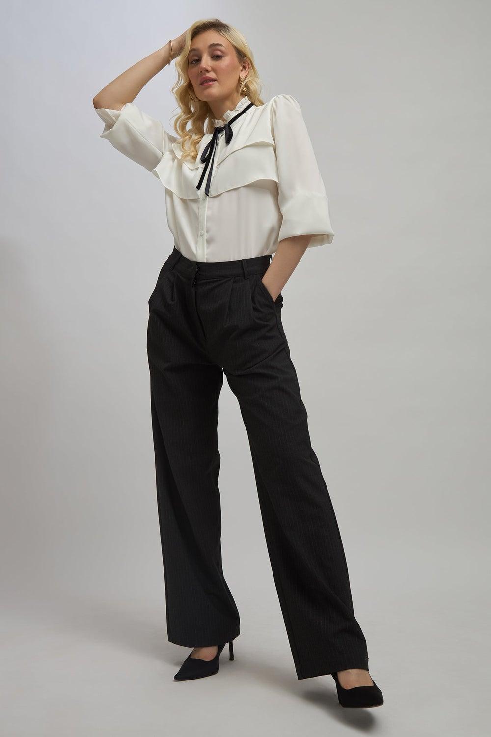 Virgio Women Charcoal Checkered Straight Fit Trousers - Image 1