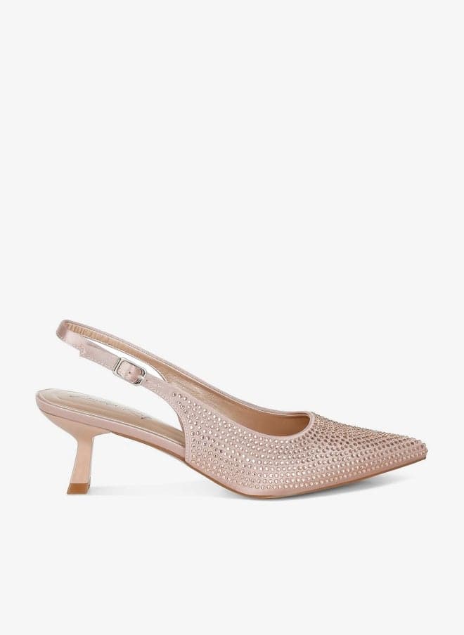 Rose Gold Rhinestone Slingback Kitten Heel Sandals - Image 1
