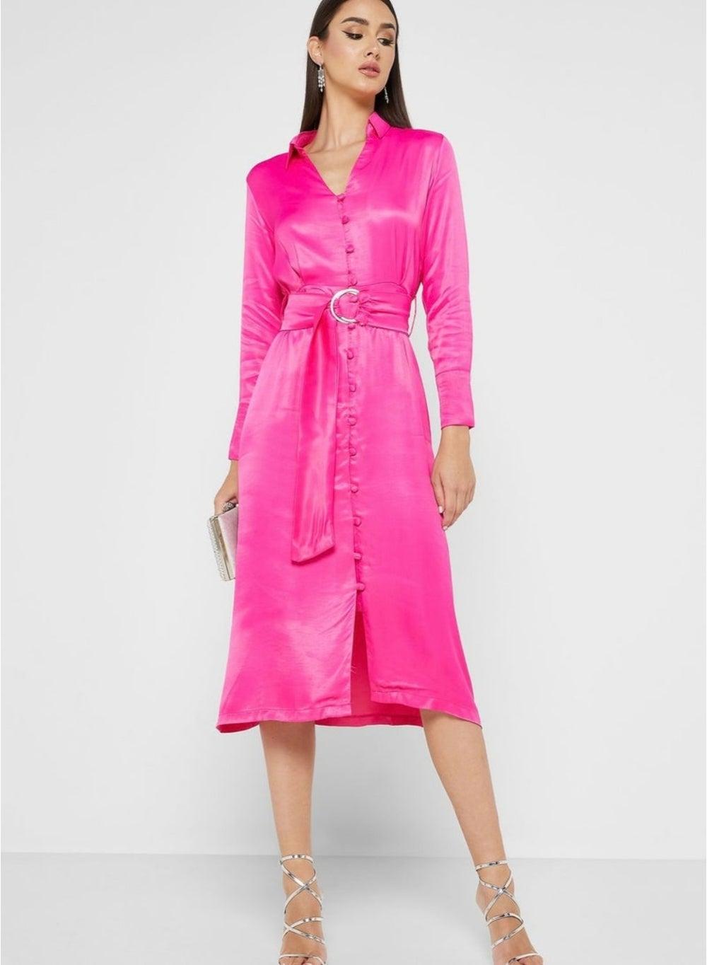 Silk Pink Collared Long Sleeve Shirt Dress - Image 1
