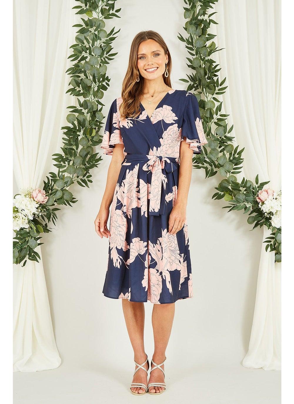 Navy Floral Wrap Midi Dress with Belted Waist - Image 1