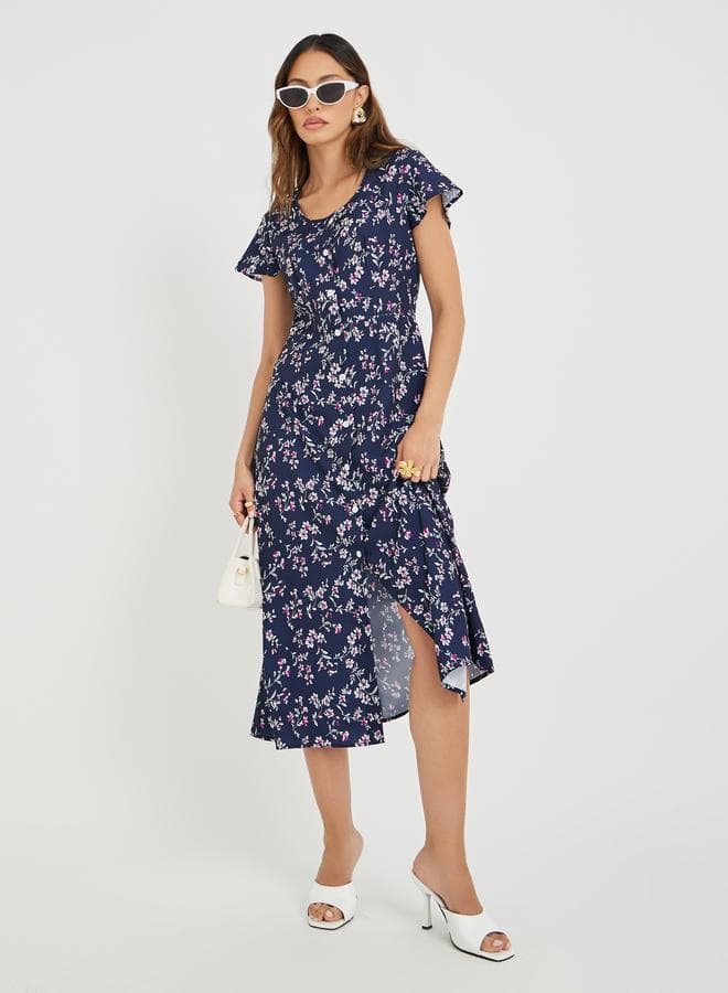 Take Two Navy Floral Button A-Line Midi Dress - Image 1