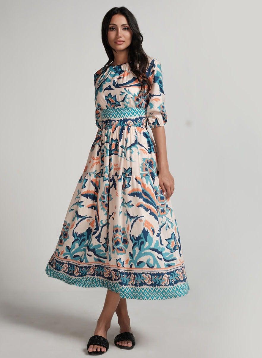 Blue & Orange Floral Print Midi Dress - Image 1