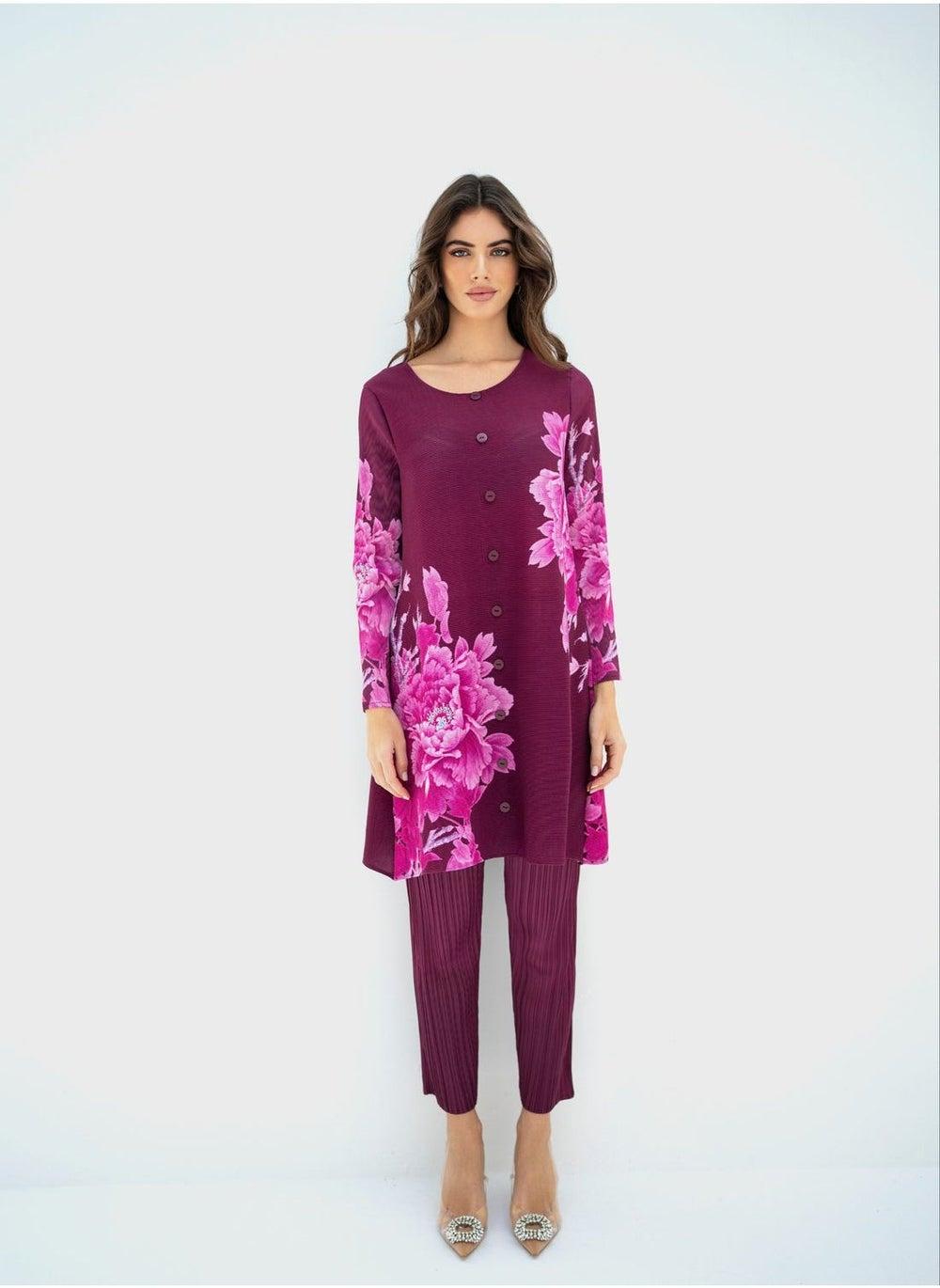 Floral Button-Down Shirt & High-Waist Pants Set - Image 1