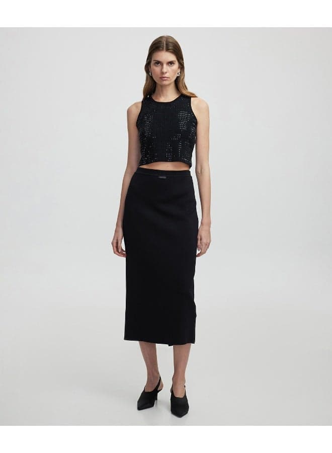 Regular Fit Knit Midi Skirt with Leather Detail - Image 1