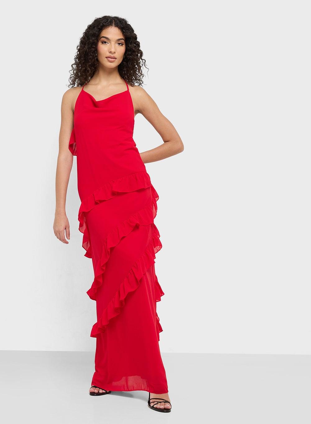 Red Halter Ruffled Maxi Dress - Image 1