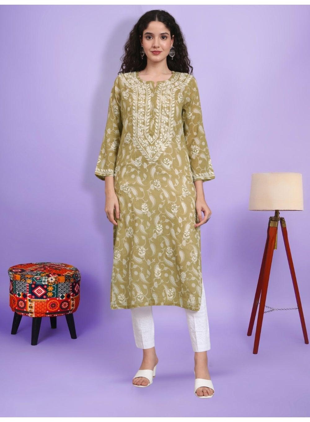 Hand Embbroidered Chikankari Mulmul Cotton Kurta AL4072 - Image 1