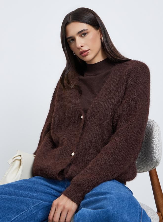 Coffee Brown Fuzzy Yarn Button-Down Cardigan - Image 1