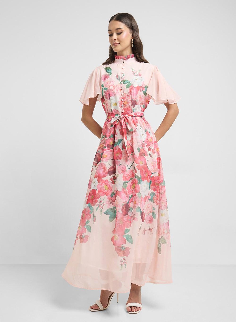 Pink Floral Chiffon Maxi Dress with Belted Waist - Image 1
