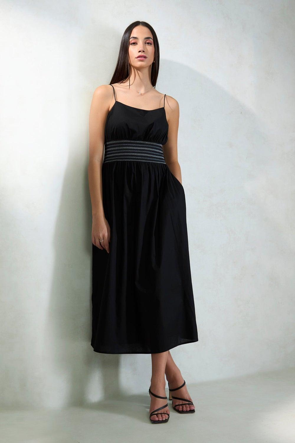 Black Empire Waist Midi Dress – Elegant Lightweight Silhouette - Image 1