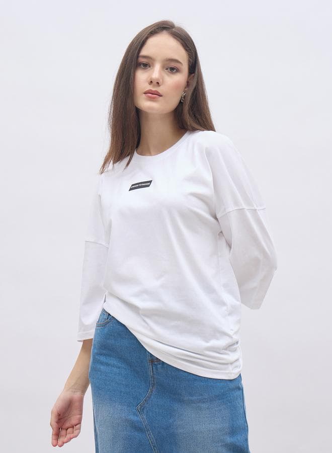 Styli White Badge Detail Oversized Drop Shoulder T-Shirt - Image 1