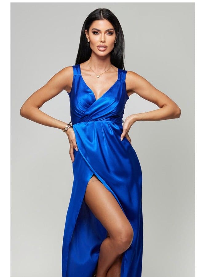 Blue Satin Asymmetric Maxi Dress with High Slit - Image 1