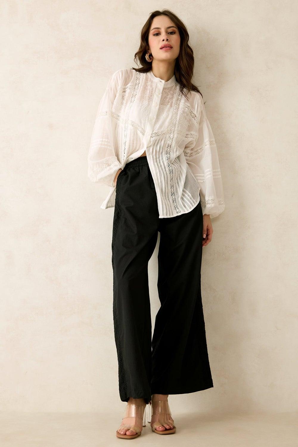 Virgio Women’s Cotton Maxi Black Lace Detail Trousers - Image 1
