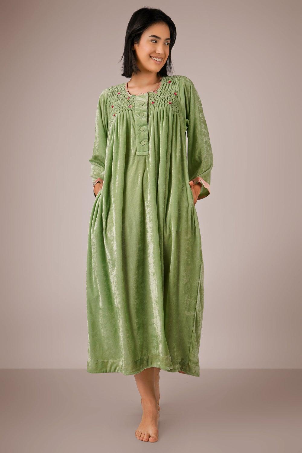 Agatha Green Smocked Velvet Nightdress - Image 1