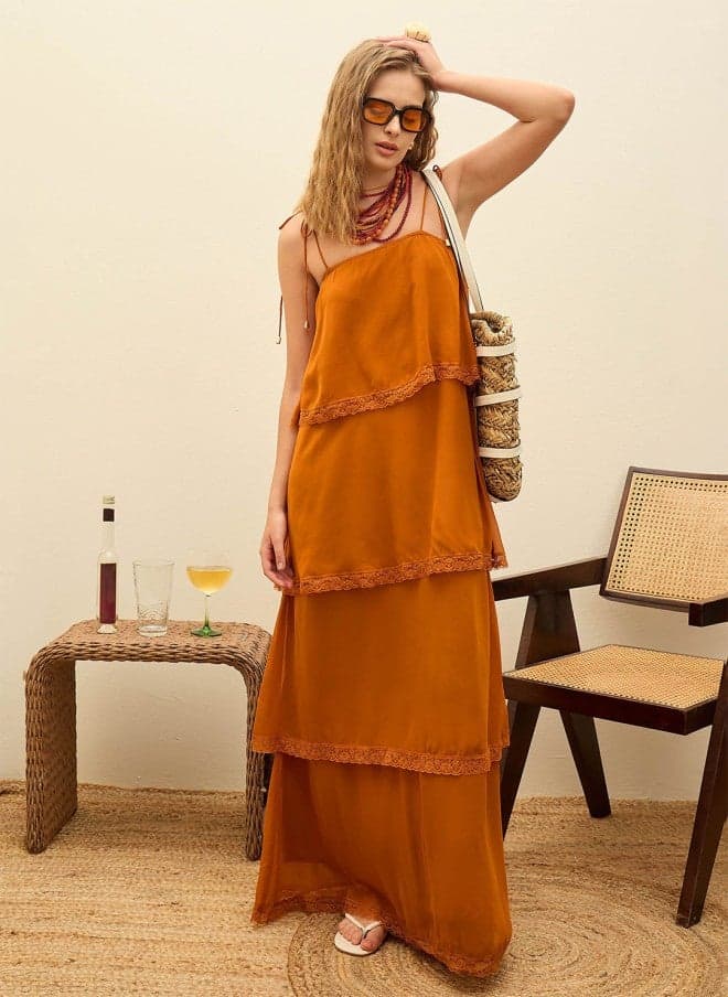 Rust Georgette Layered Maxi Dress for Women - Image 1