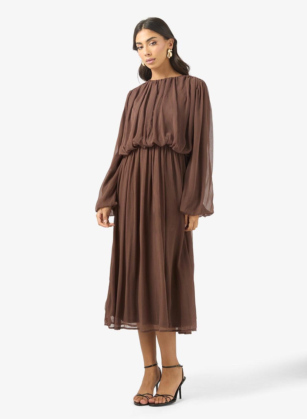 Ruched Waist Chiffon Long Sleeve Midi Dress - Image 1