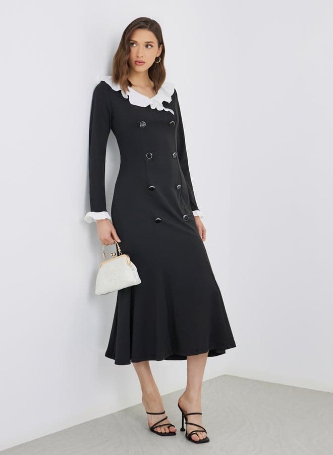 Contrast Ruffle Trim A-Line Midi Dress with Buttons - Image 1