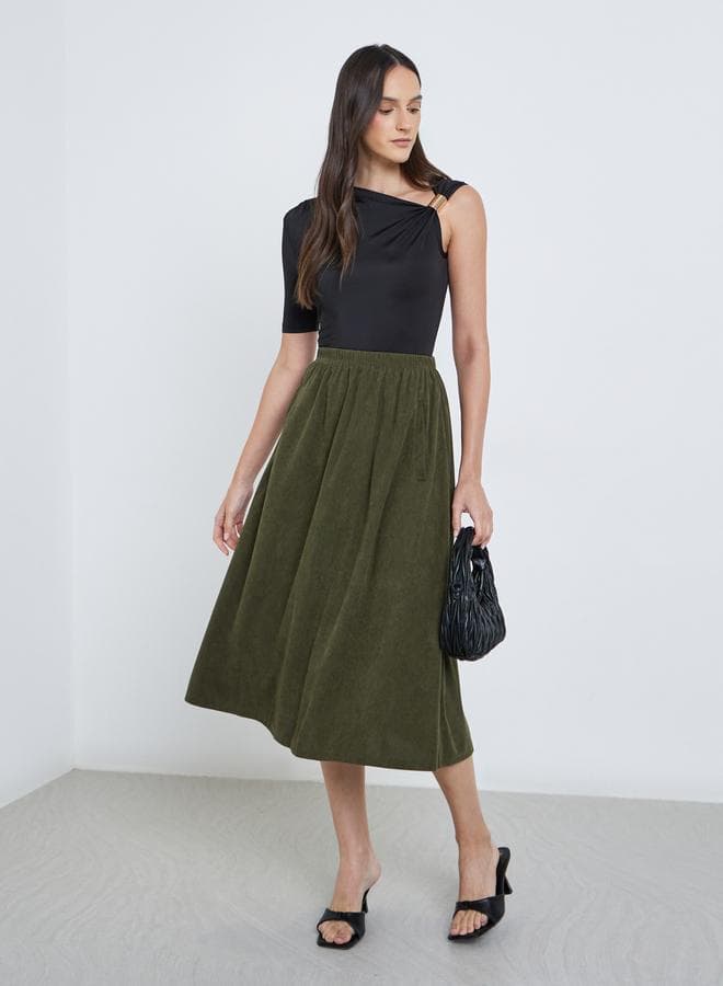 Styli Ribbed Elastic Waistband Olive A-Line Midi Skirt - Image 1
