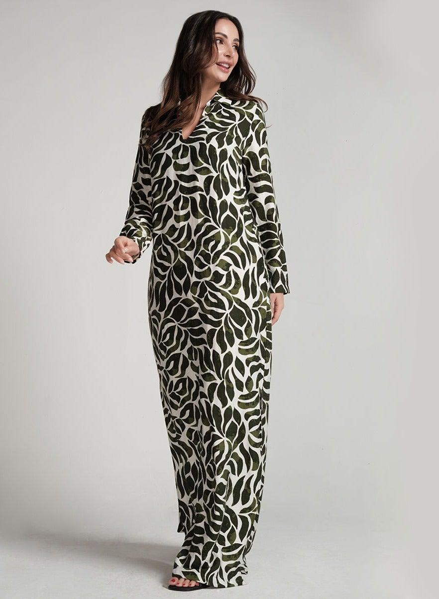Green Leaf Print V-Neck Maxi Dress - Image 1