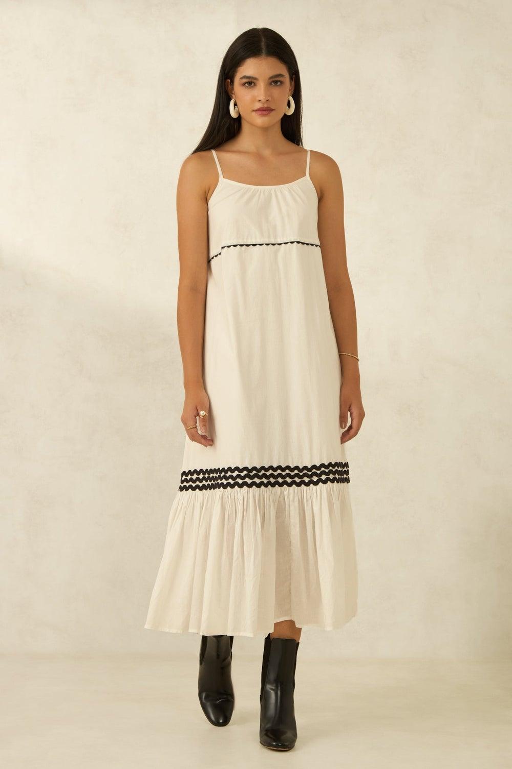 White Tiered Cotton Midi Dress with Black Trim - Image 1