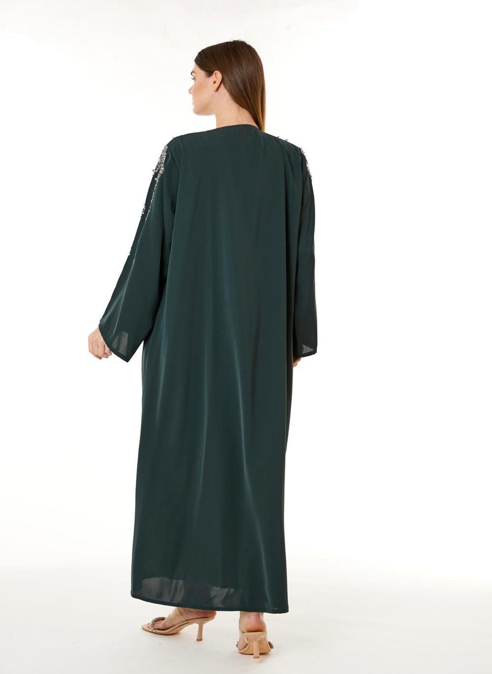 Dark Green Korean Nida Hand-Embellished Abaya - Image 1