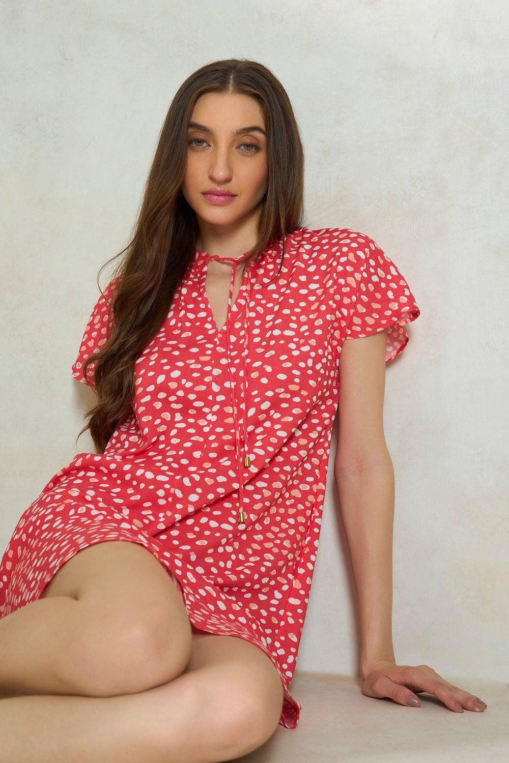 Red Spotted Tie-Neck Mini Dress with Flutter Sleeves - Image 1