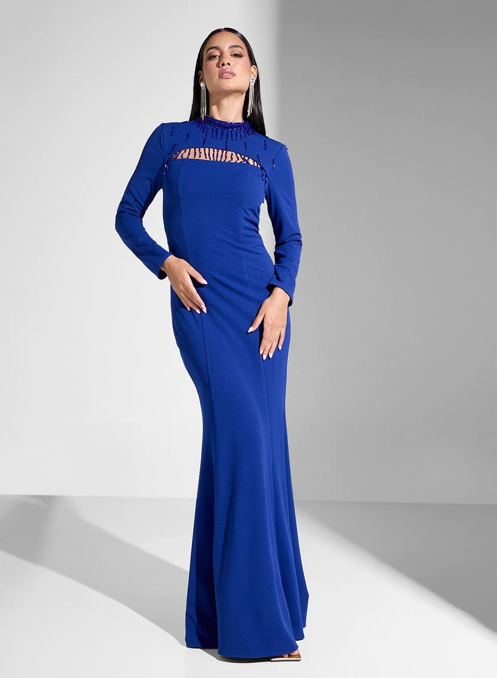 Cobalt Beaded Evening Dress with Flared Silhouette - Image 1