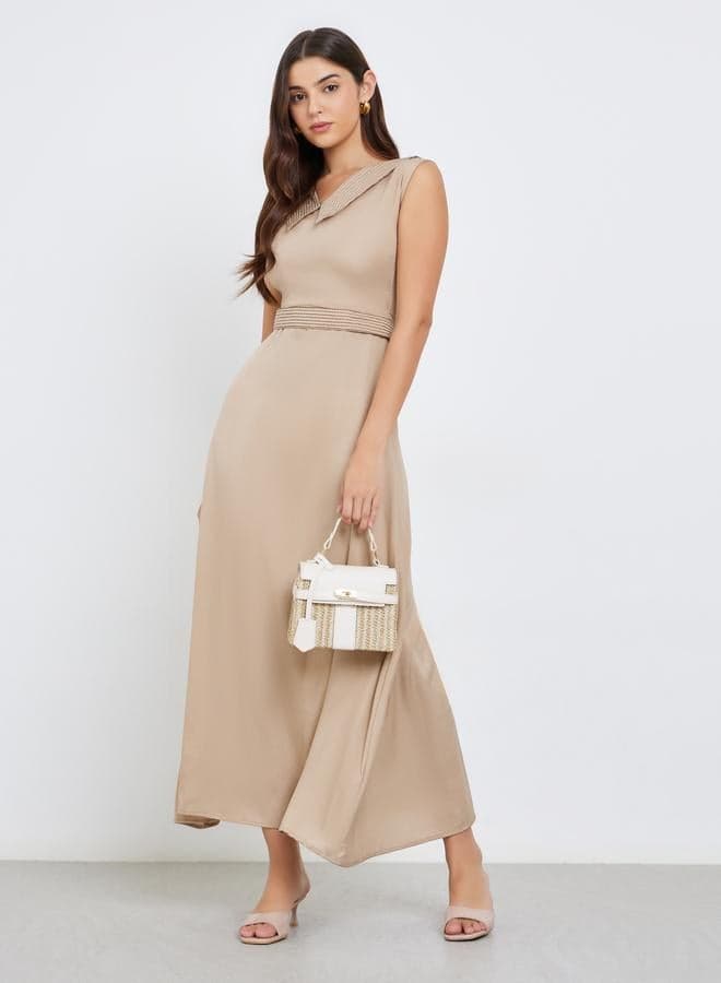 Elegant Beige Maxi Dress with Waist Tie Detail - Image 1