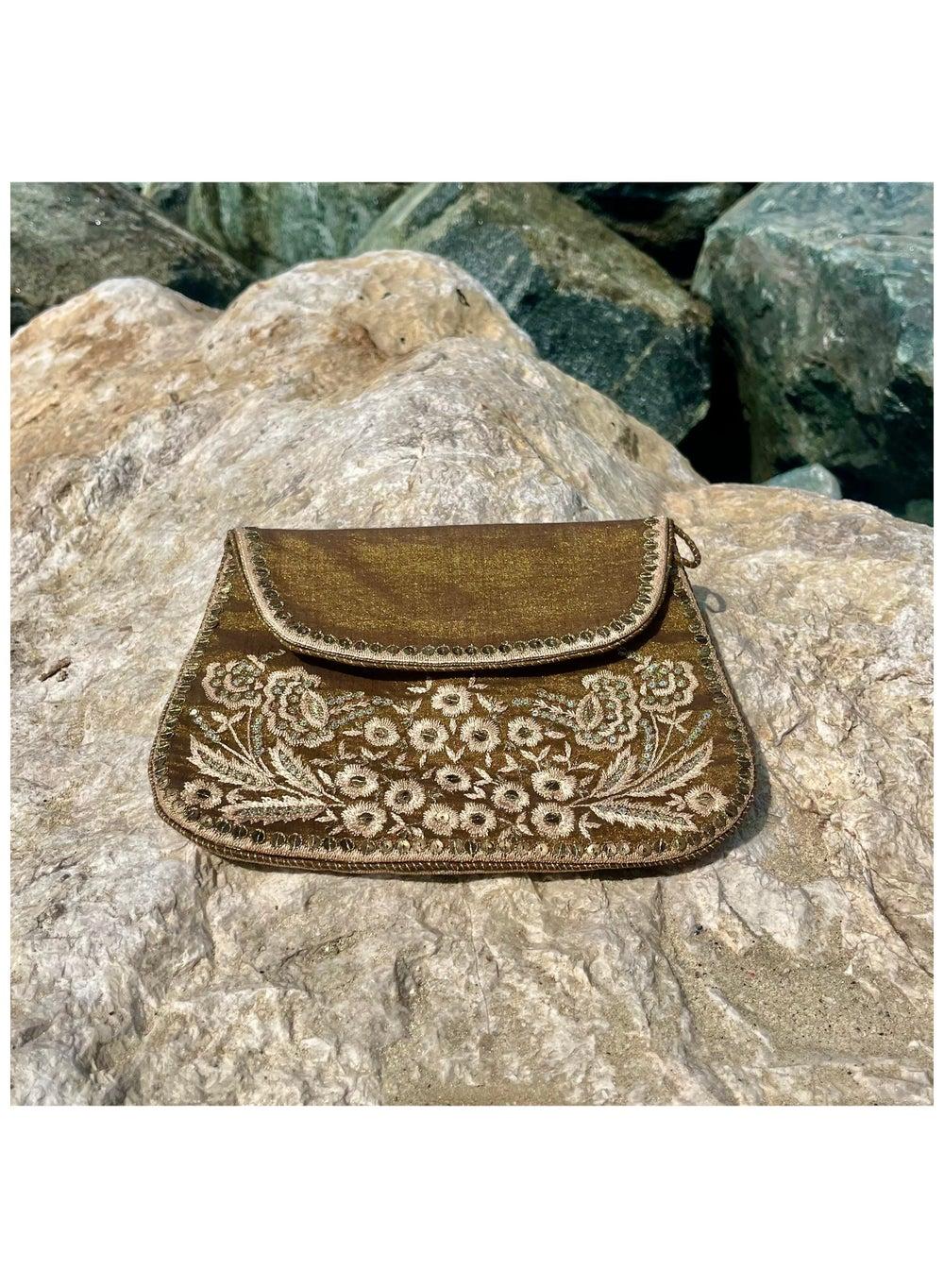 Nazeera Embroidered Bronze Silk Clutch with Antique Gold Detail - Image 1