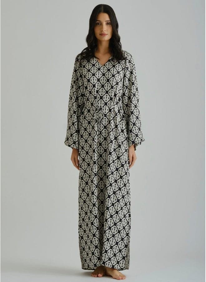 Flowing Circular Print Maxi Dress with Drawstring Waist - Image 1