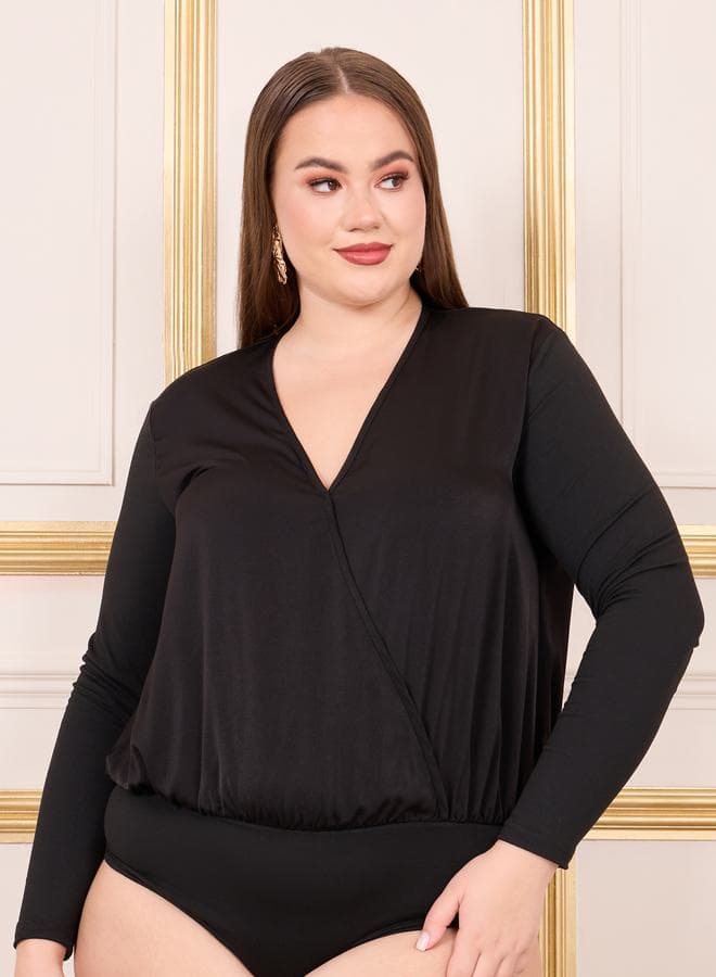 Styli Plus Satin V-Neck Long Sleeve Bodysuit - Image 1