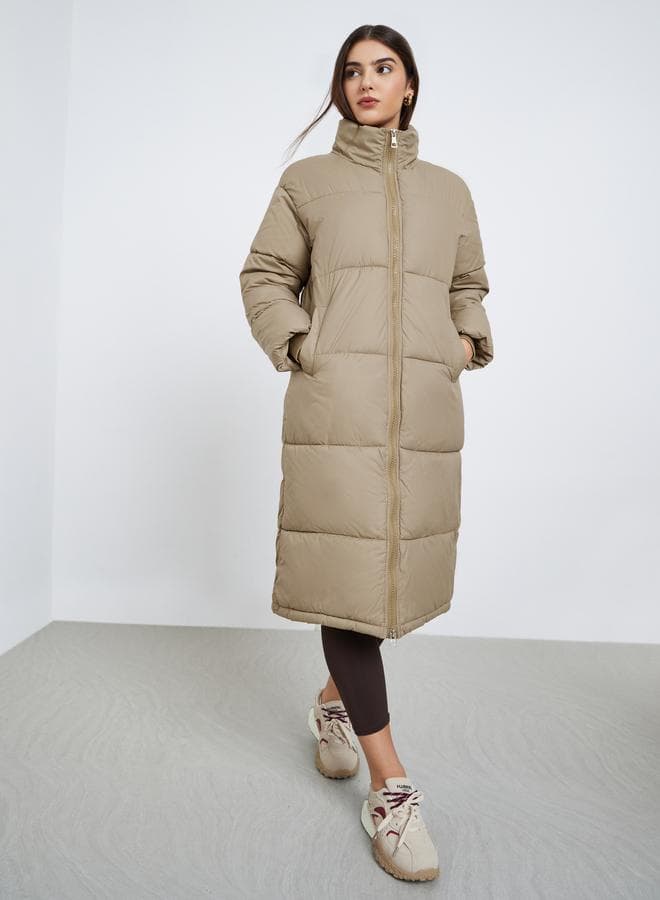 Styli Beige Oversized Padded Midi Coat with Pockets - Image 1