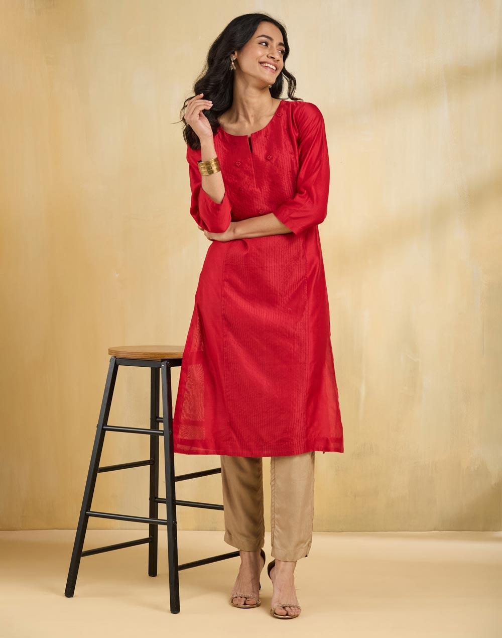 Red Cotton Silk Embroidered Long Kurta Elegance - Image 1