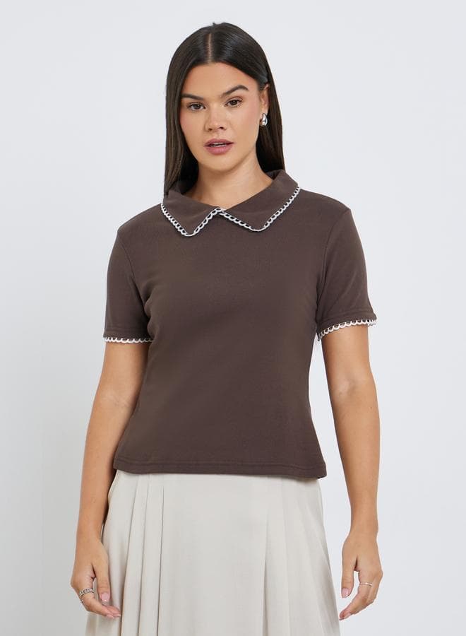 Styli Brown Collar Contrast Knit Top for Women - Image 1
