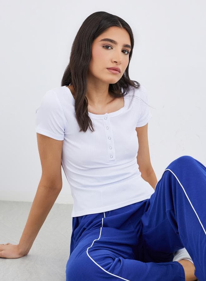 White Square Neck Ribbed Fitted Tee - Image 1