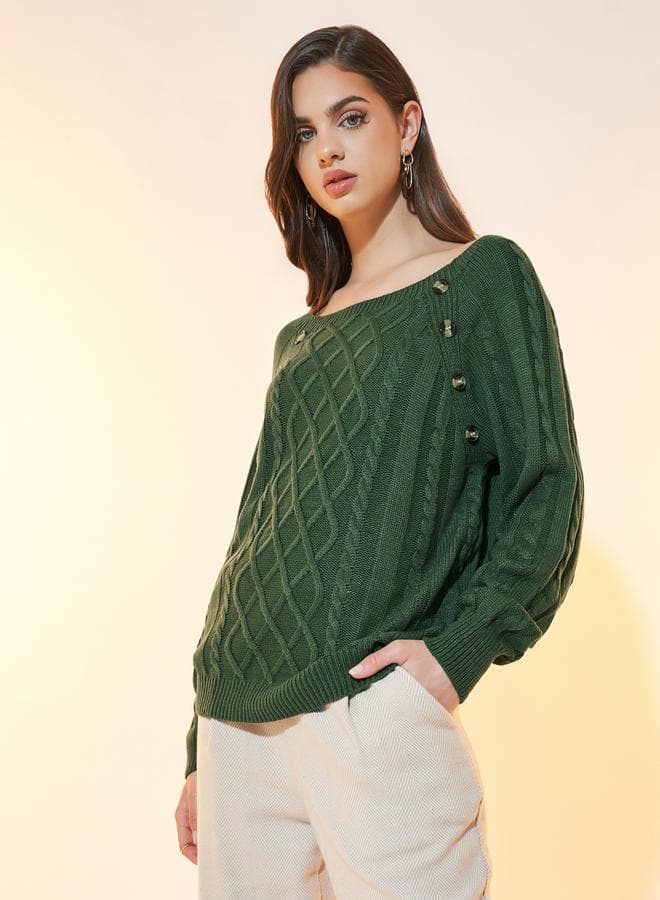 Relaxed Cable Knit Sweater with Button Accents - Image 1