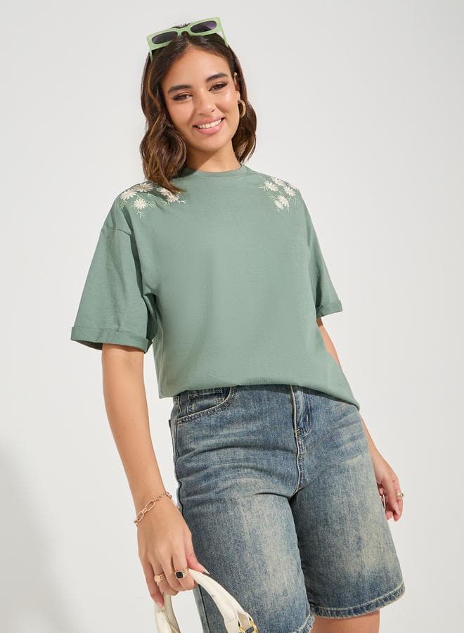 Styli Oversized Cotton T-Shirt with Embroidery Detail - Image 1