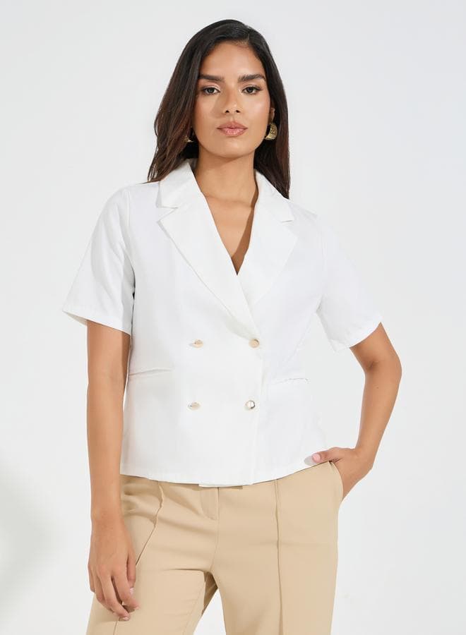 Styli Notch Lapel Blazer-Inspired Button Detail Top - Image 1
