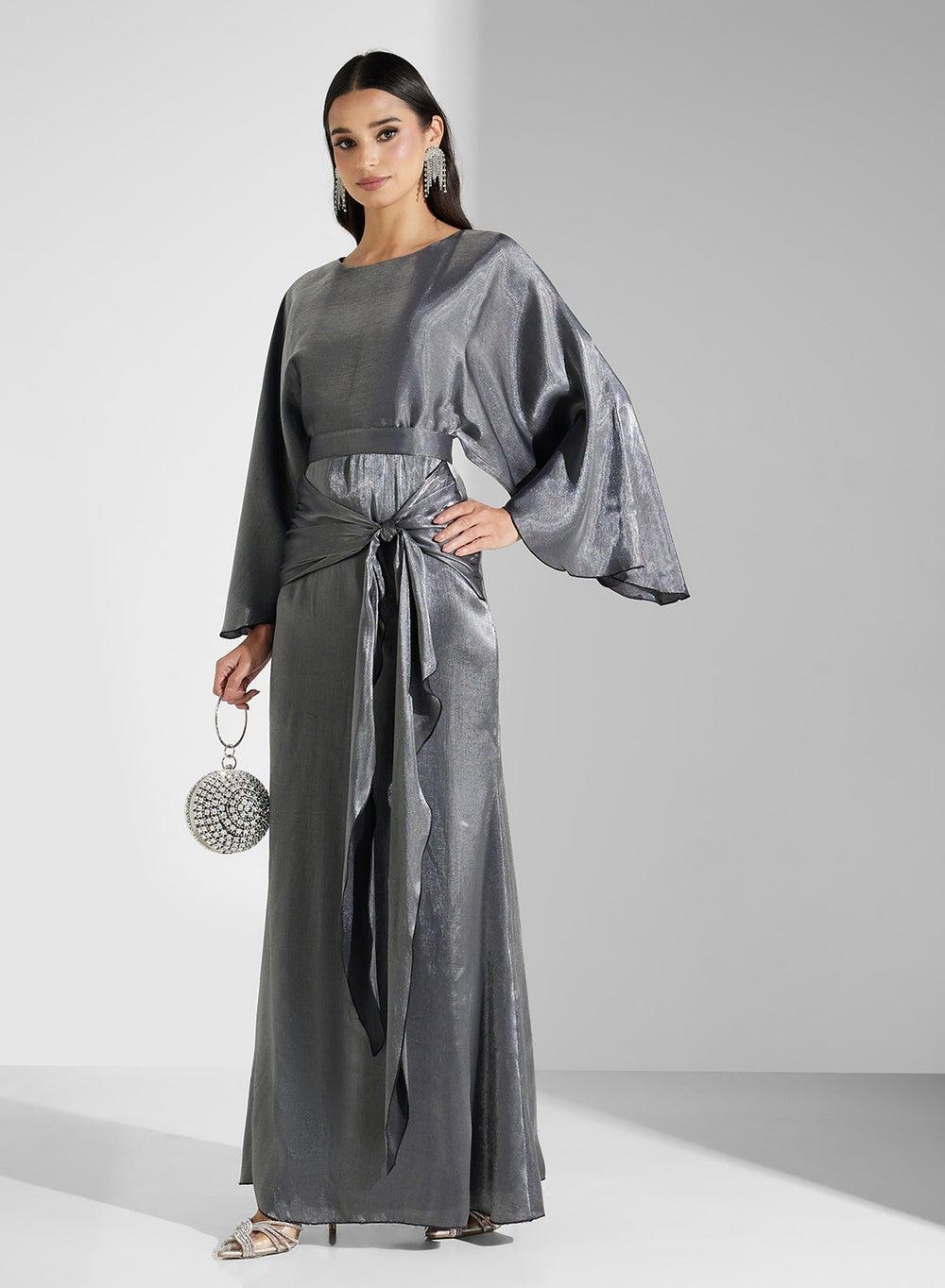 Metallic Tie-Waist Kimono Sleeve Maxi Dress - Image 1