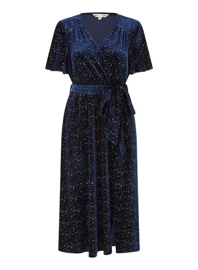 Navy Star Velvet Wrap Midi Dress - Image 1