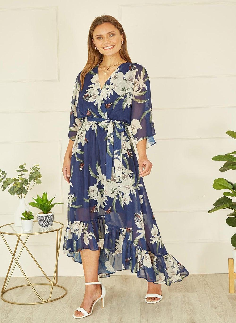 Navy Floral Chiffon Maxi Dress with Belted Waist - Image 1