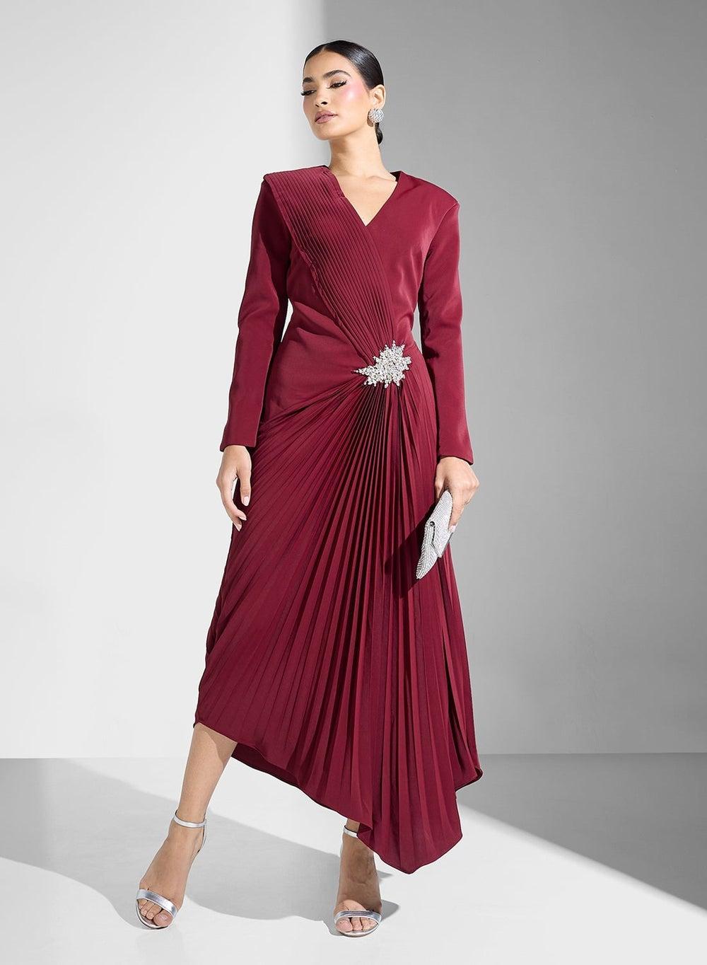Maroon Pleated Brooch A-Line Dress - Image 1