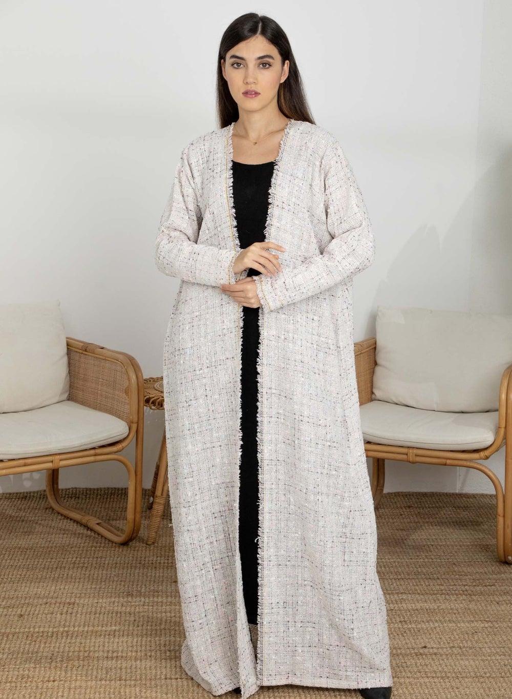 Off-White Tweed Abaya with Multicolor Thread Detail & Headscarf - Image 1