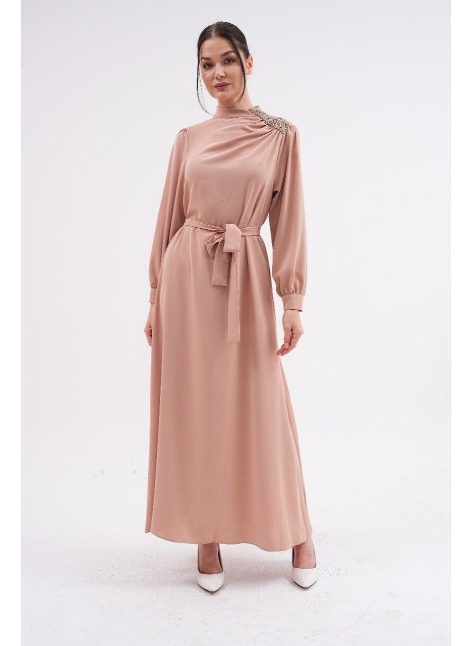 Belted Evening Maxi Dress with Beaded Shoulder Detail - Image 1