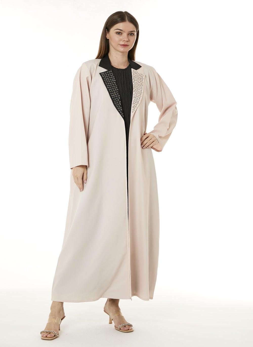 MOiSTREET Peach Indonesian Crepe Embellished Abaya - Image 1