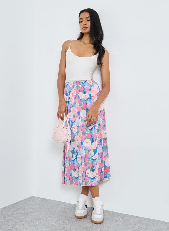 Floral Printed Viscose A-Line Midi Skirt - Image 1