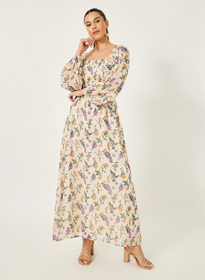 Elegant Floral Chiffon Maxi Dress with Long Sleeves - Image 1