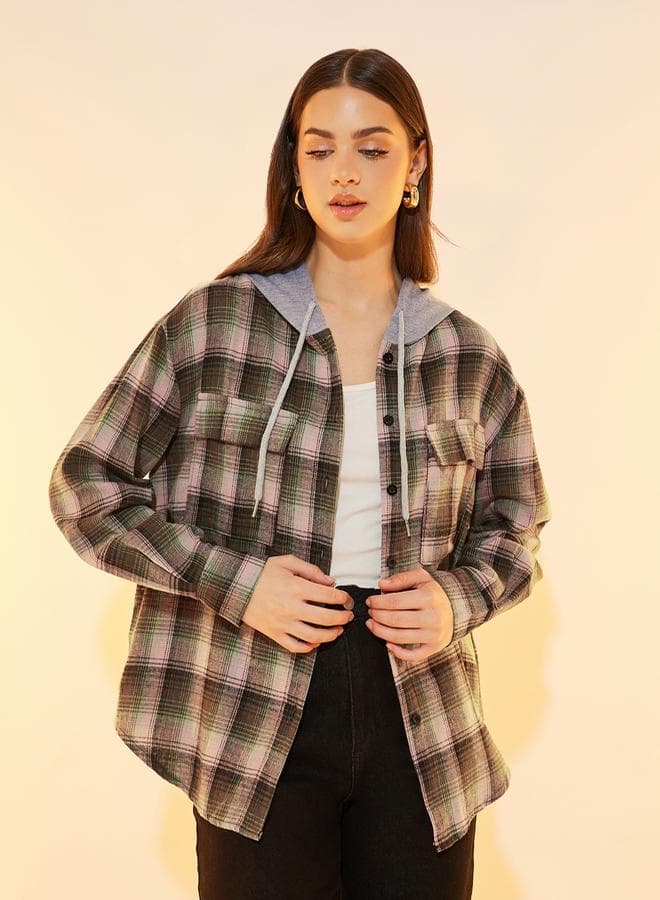 Plaid Pocket Hooded Jacket for Women - Image 1