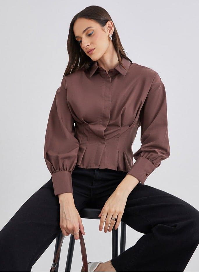 Brown Pleated Fold Detail Fitted Crop Shirt - Image 1